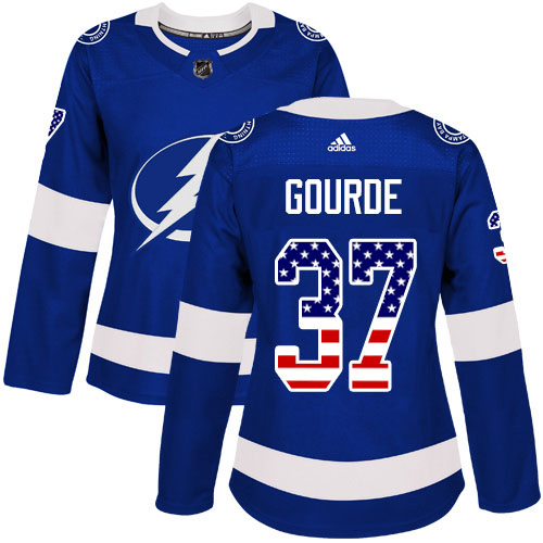 Cheap Adidas Tampa Bay Lightning 37 Yanni Gourde Blue Home Authentic USA Flag Women Stitched NHL Jersey